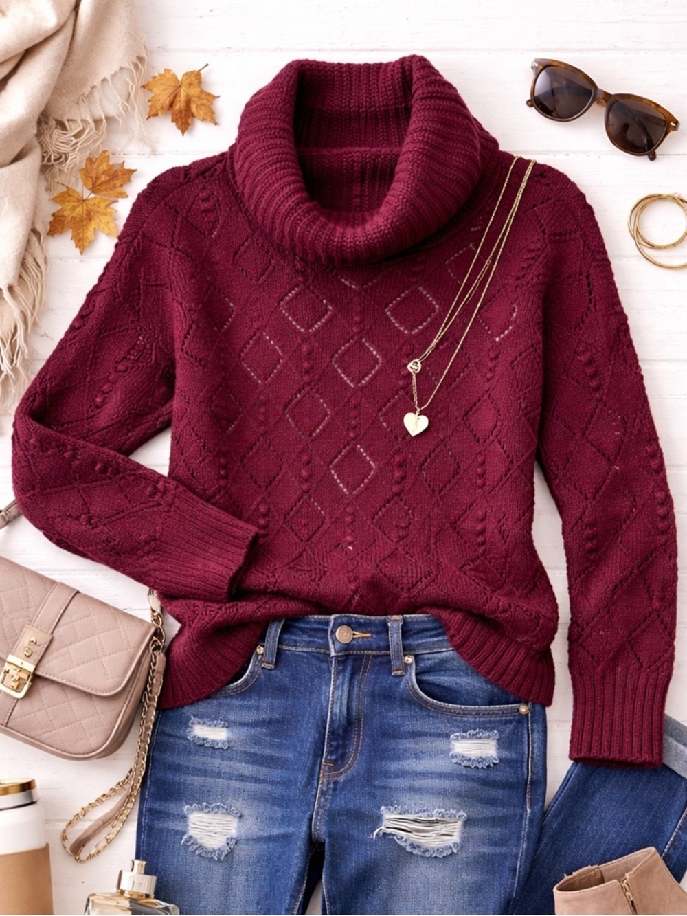 LOFT Burgundy Cable Knit Cowl Neck Sweater Medium Cozy